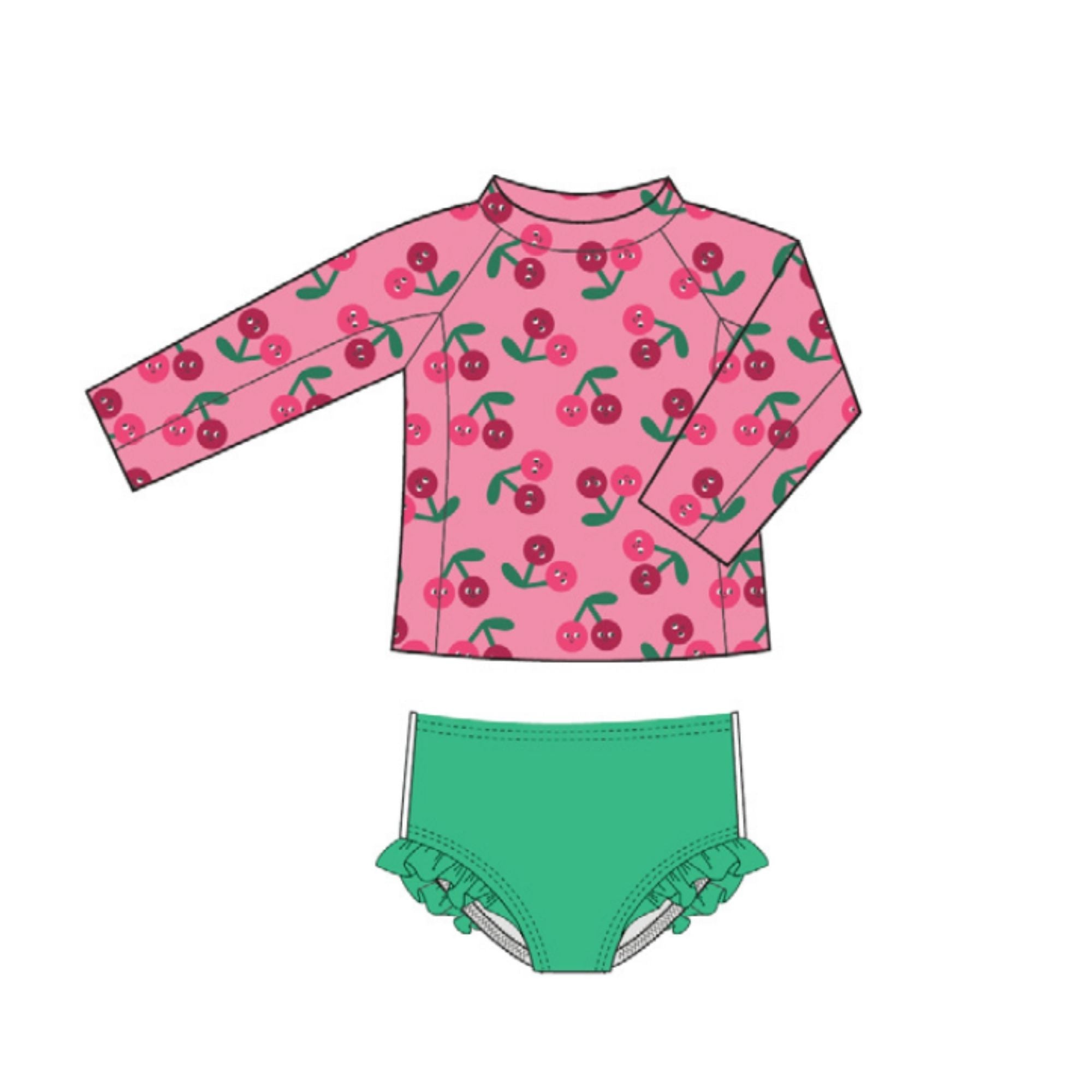 Rashguard Swim Top+Bikini Bottom - Cherry