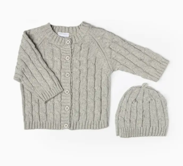 Grey Cable-Knit Cardigan & Beanie