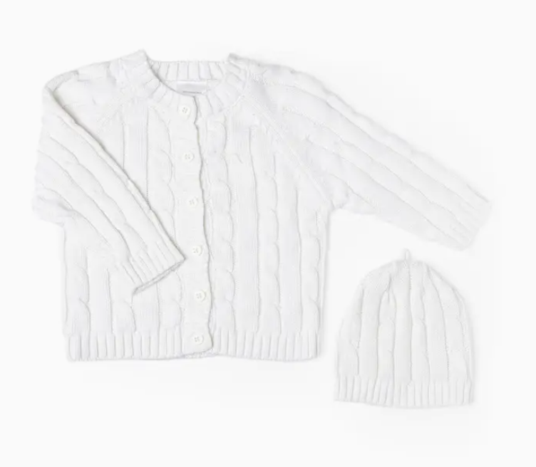 White Cable-Knit Cardigan & Beanie