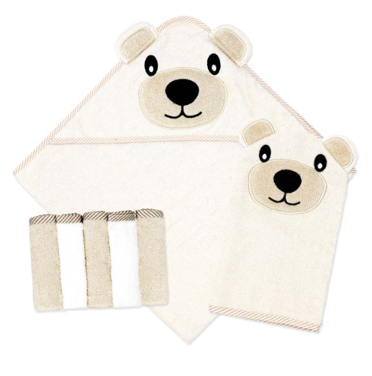 Hooded Towel with Wash mitt and 5 Washcloth Set: Tan Bear