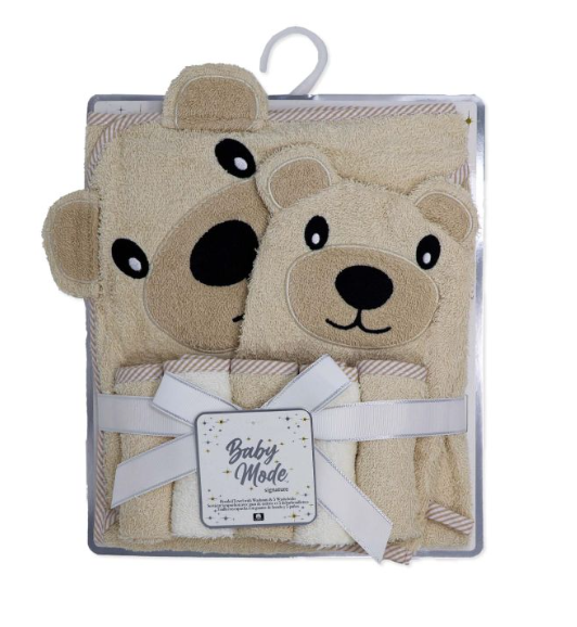 Hooded Towel with Wash mitt and 5 Washcloth Set: Tan Bear