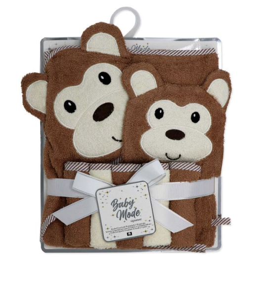 Hooded Towel with Wash mitt and 5 Washcloth Set: Mocha Monkey