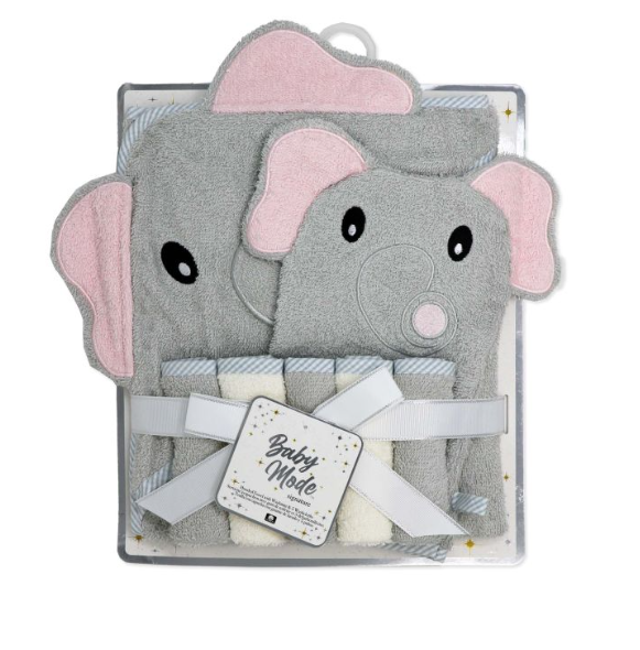 Hooded Towel with Wash mitt and 5 Washcloth Set: Grey Elephant