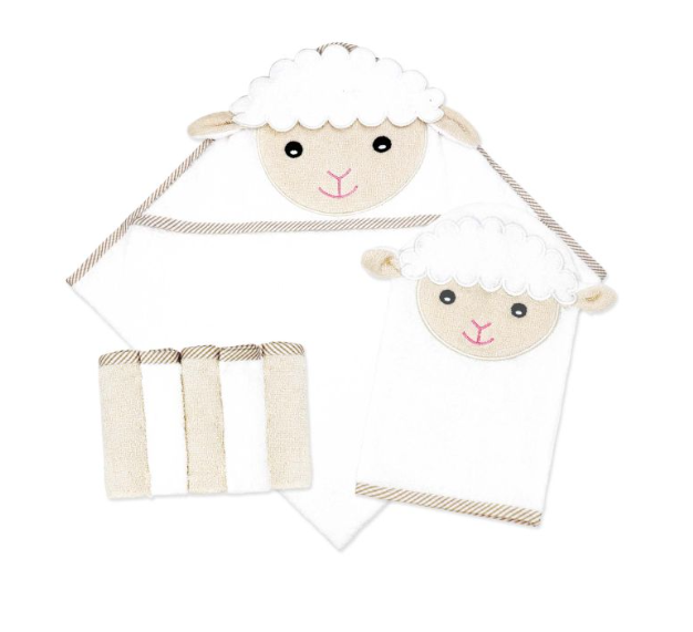 Hooded Towel with Wash mitt and 5 Washcloth Set: Ivory Lamb