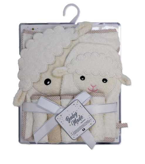 Hooded Towel with Wash mitt and 5 Washcloth Set: Ivory Lamb