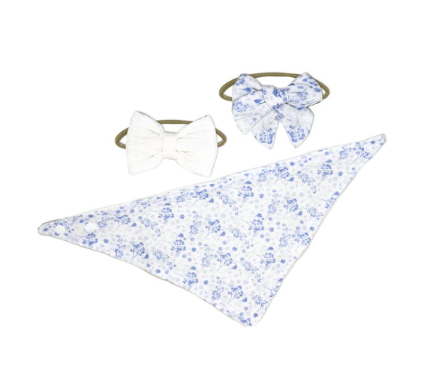 3 pc Muslin Reversible Bib with 2 Headbands Set: White Floral