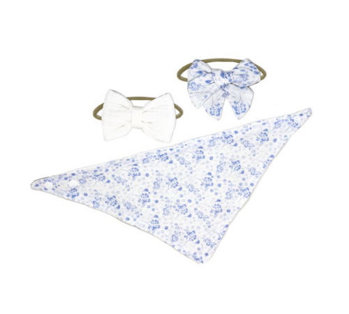 3 pc Muslin Reversible Bib with 2 Headbands Set: White Floral