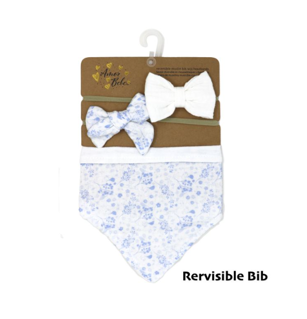 3 pc Muslin Reversible Bib with 2 Headbands Set: White Floral