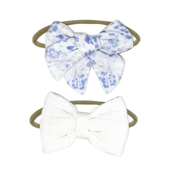 3 pc Muslin Reversible Bib with 2 Headbands Set: White Floral