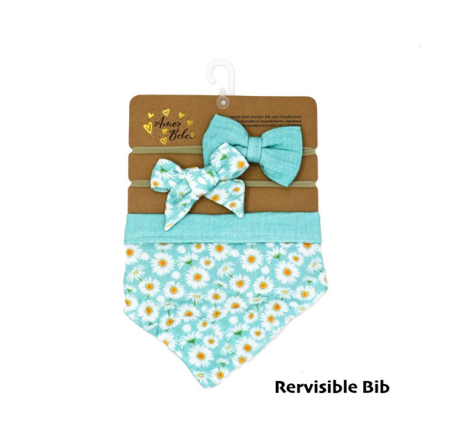 3 pc Muslin Reversible Bib with 2 Headbands Set: Aqua Daisy