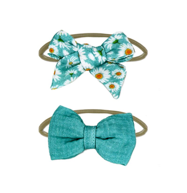 3 pc Muslin Reversible Bib with 2 Headbands Set: Aqua Daisy