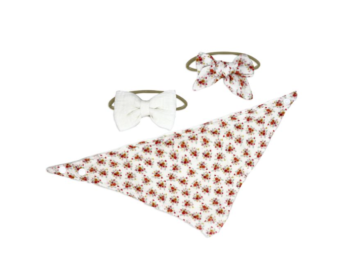 3 pc Muslin Reversible Bib with 2 Headbands Set: Ivory Floral