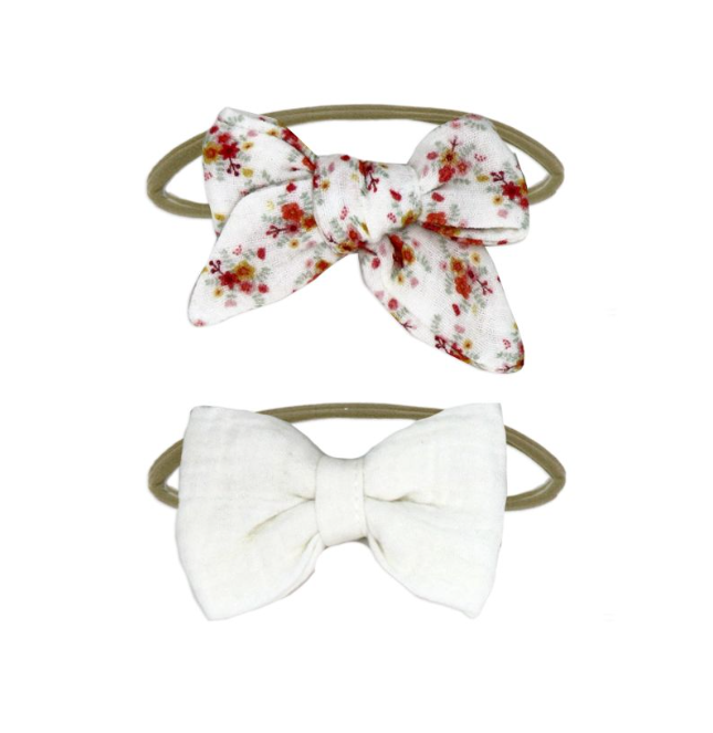 3 pc Muslin Reversible Bib with 2 Headbands Set: Ivory Floral