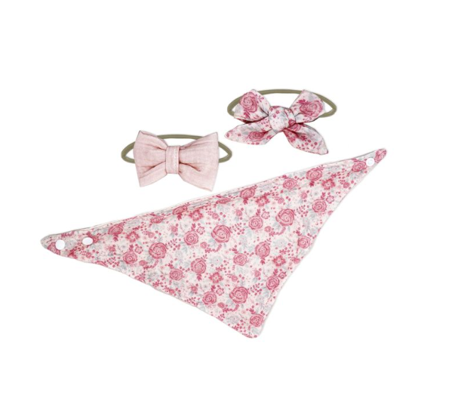 3 pc Muslin Reversible Bib with 2 Headbands Set: Pink Floral