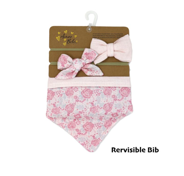 3 pc Muslin Reversible Bib with 2 Headbands Set: Pink Floral