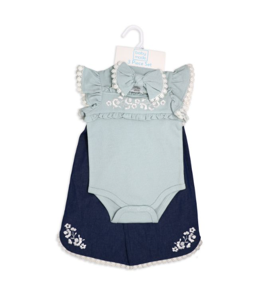 Girls 3 Piece Pant Set : Blue Floral
