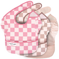 Mess-Proof Easy Bib - 3pk -  Pink Checkers + Tan Checkers + Solid Pink Ruffles