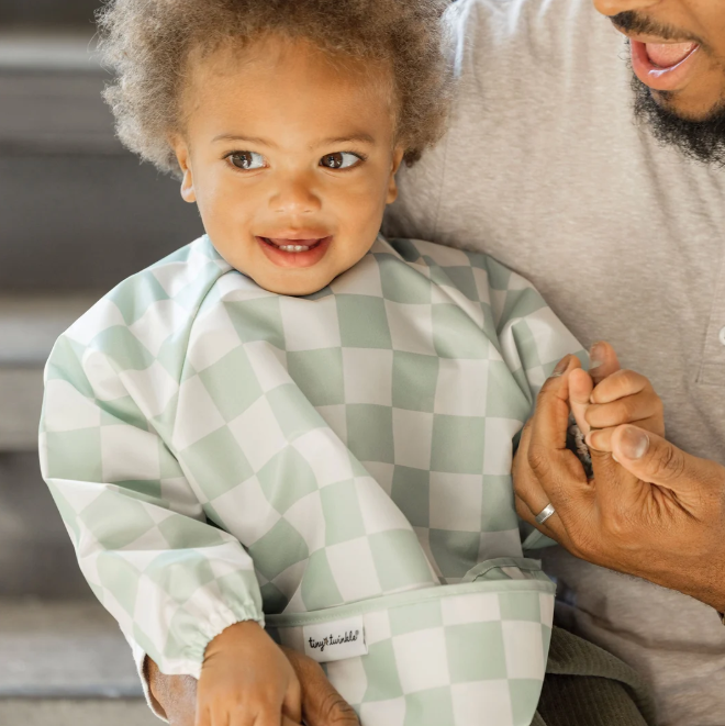Mess-Proof Full Sleeve Bib - Sage checkers