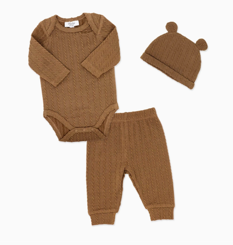 Neutral 3 Piece Jacquard Ribbed Set: Brown