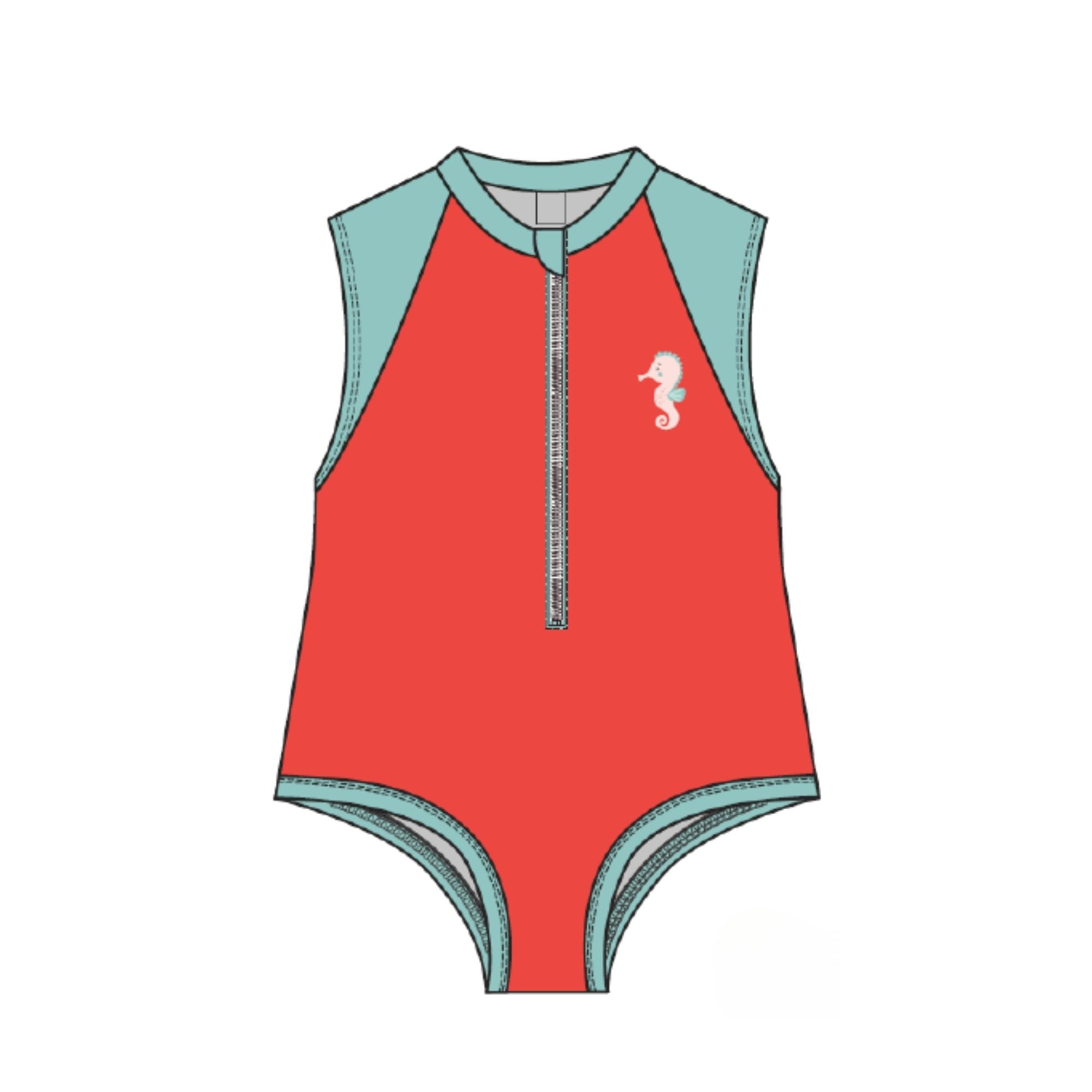 Short Sleeve 1Pc Solid Swimsuit - Seahorse